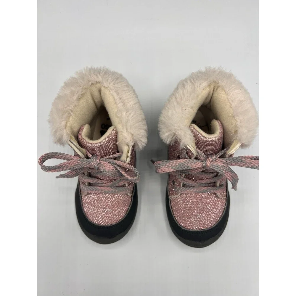 OshKosh B'gosh Girls Pink Faux Fur Trim Glitter Lace-Up Ankle Boots 7M EU 23 💕